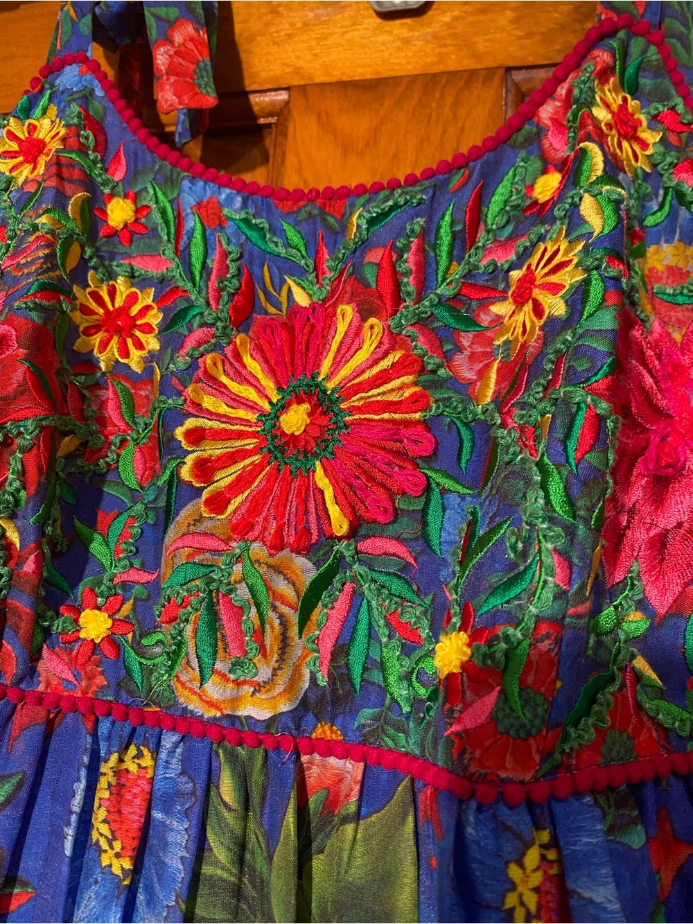 Embroidered Floral Blue Maxi Dress with Straps - Picture 2 of 7